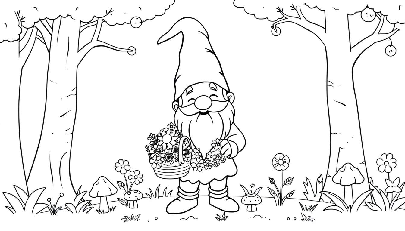Placa de color de un gnomo recogiendo flores en un bosque.