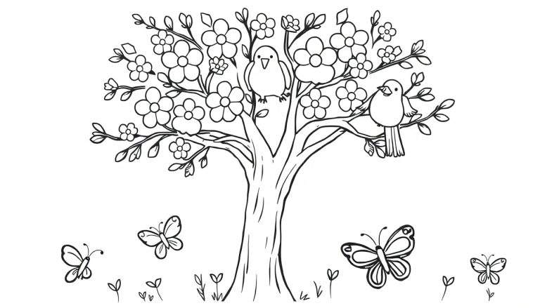 Página para colorear de un árbol florecido con pájaros y mariposas, una placa de color lista para la creatividad.