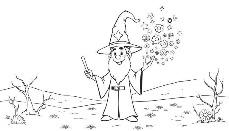 Un mago sonriente con un sombrero puntiagudo listo para añadir color a esta placa de color.
