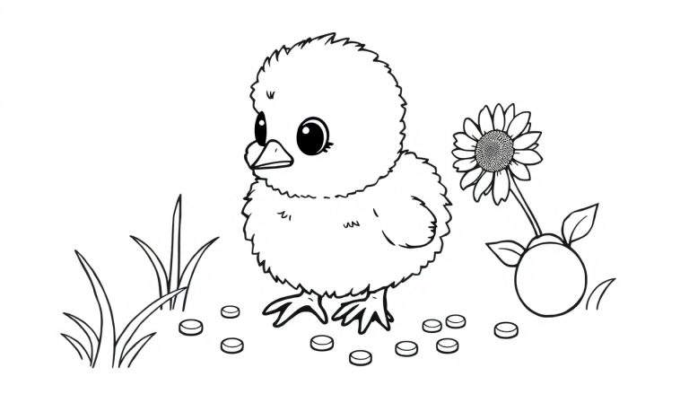 Placa de color de un pollito adorable picoteando semillas.