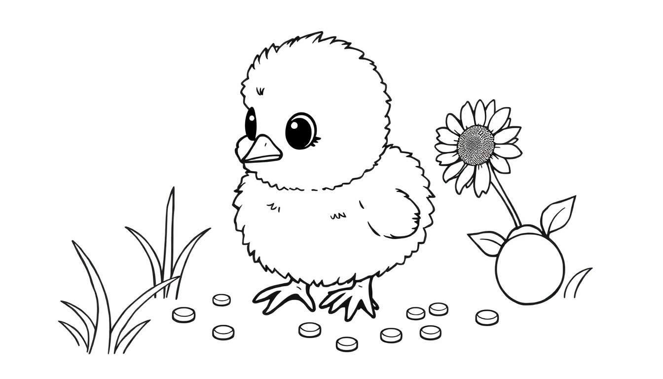 Placa de color de un pollito adorable picoteando semillas.