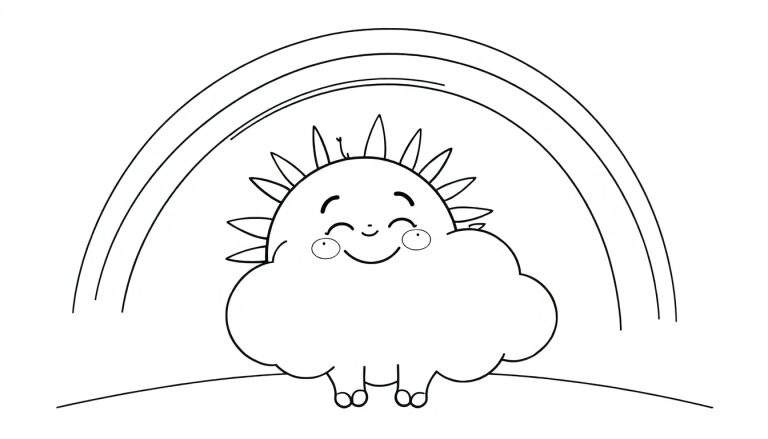 Un dibujo para colorear en blanco y negro de un sol sonriente y amigable asomándose detrás de una nube, con un arcoíris encima y el suelo debajo. Este es un ejemplo de placa de color.