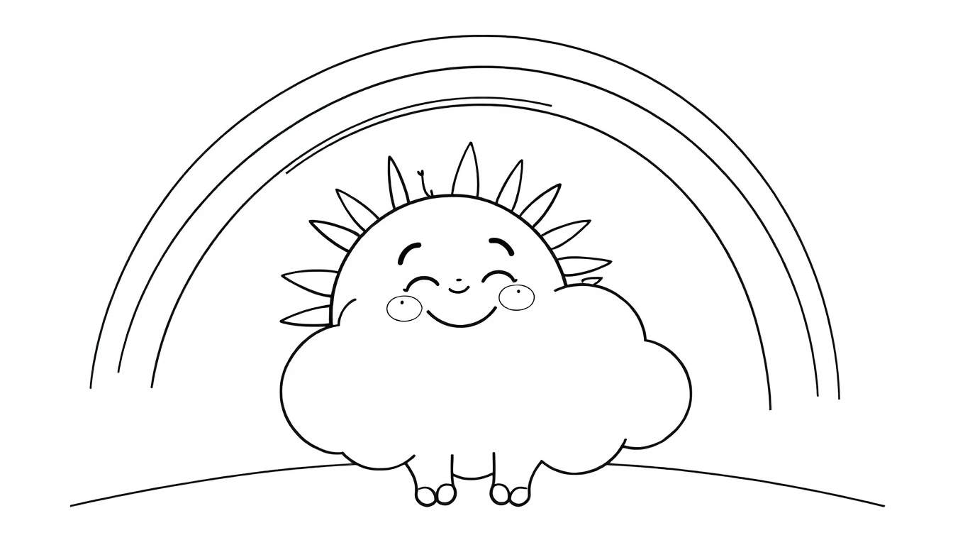 Un dibujo para colorear en blanco y negro de un sol sonriente y amigable asomándose detrás de una nube, con un arcoíris encima y el suelo debajo. Este es un ejemplo de placa de color.