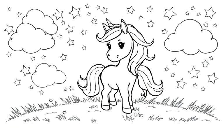 Placa de color de un unicornio amigable con estrellas y nubes.