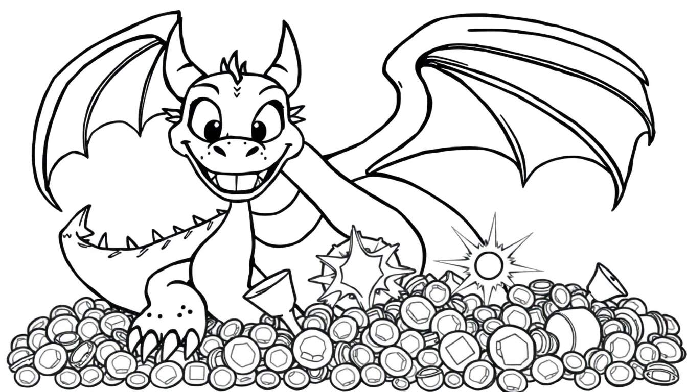 Placa para colorear de un dragón amigable sentado sobre tesoros.