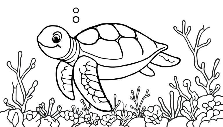 Un dibujo lineal de una tortuga marina sonriente con su caparazón con placas de color visibles, nadando entre corales y algas marinas.