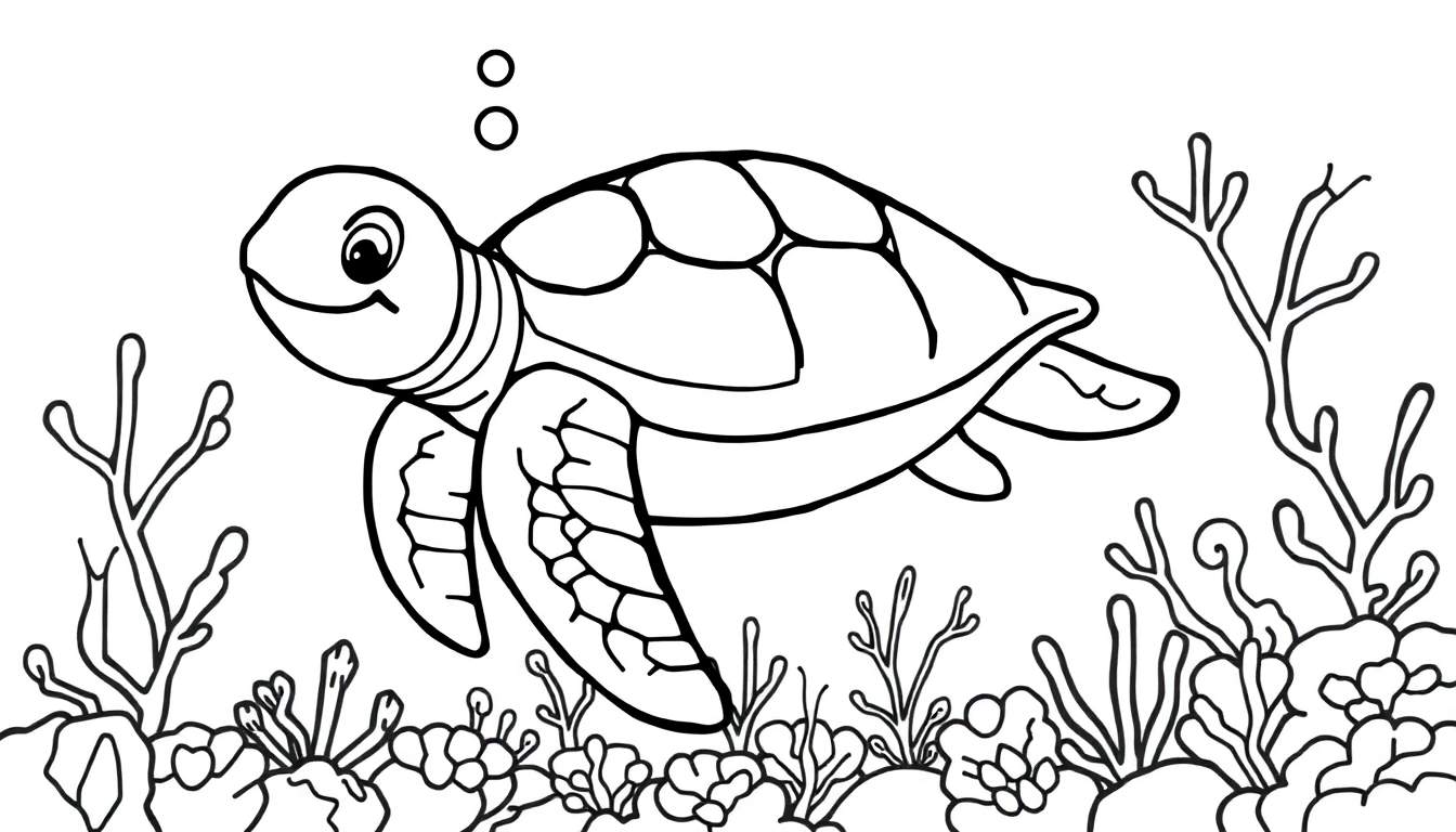 Un dibujo lineal de una tortuga marina sonriente con su caparazón con placas de color visibles, nadando entre corales y algas marinas.