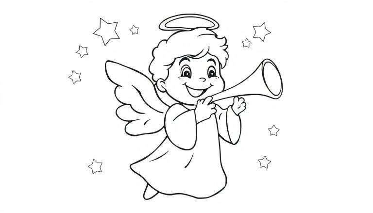 Placa de color de un ángel tocando la trompeta.