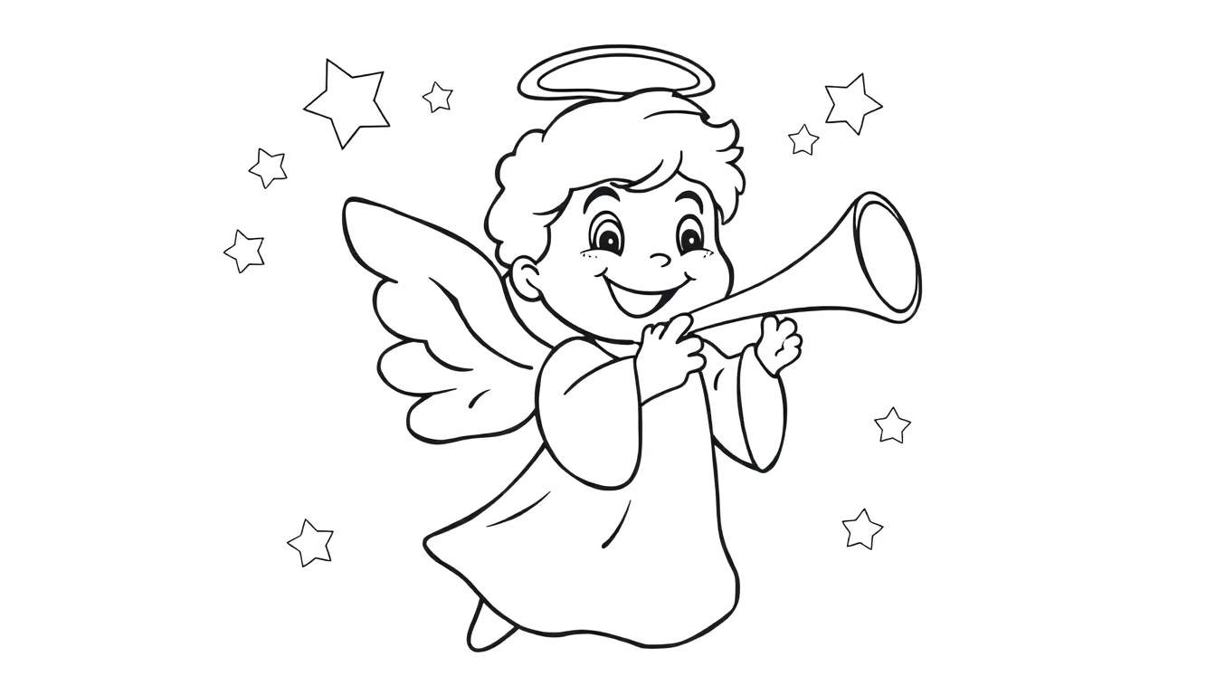 Placa de color de un ángel tocando la trompeta.