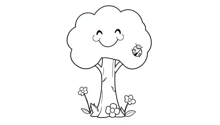 Una placa de color de un árbol sonriente con una mariquita y flores.