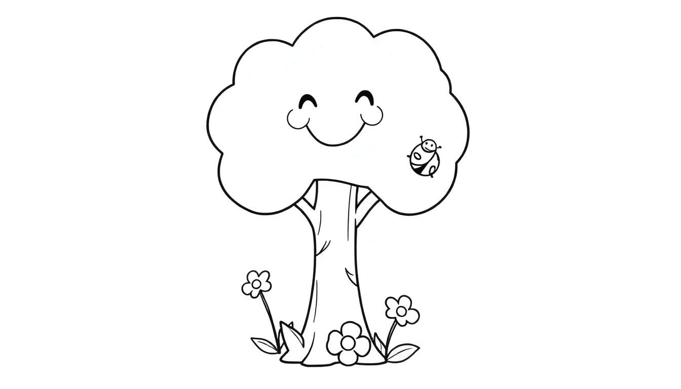 Una placa de color de un árbol sonriente con una mariquita y flores.