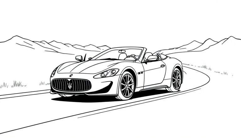 Un coche deportivo Maserati negro y blanco para colorear en una carretera de montaña con el cielo despejado. Hay hierba al borde de la carretera. ¡Listo para añadir color a esta placa!