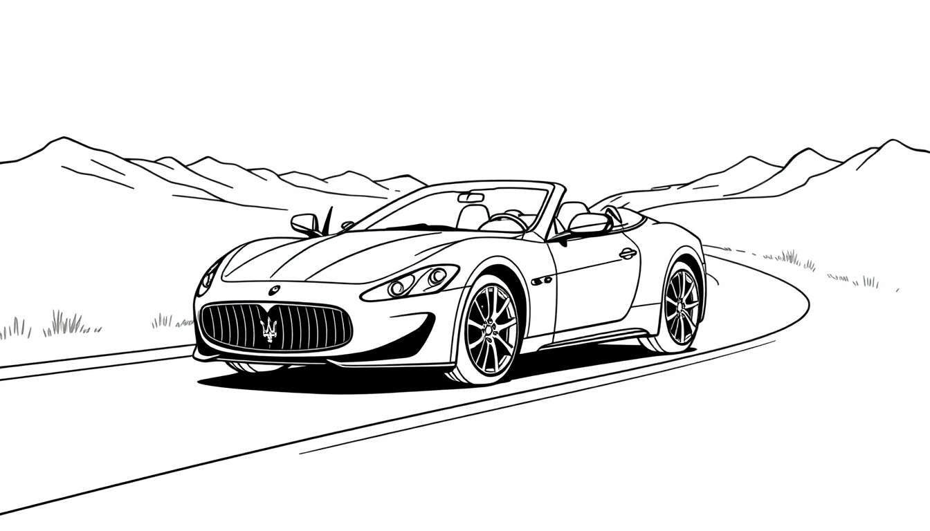 Un coche deportivo Maserati negro y blanco para colorear en una carretera de montaña con el cielo despejado. Hay hierba al borde de la carretera. ¡Listo para añadir color a esta placa!