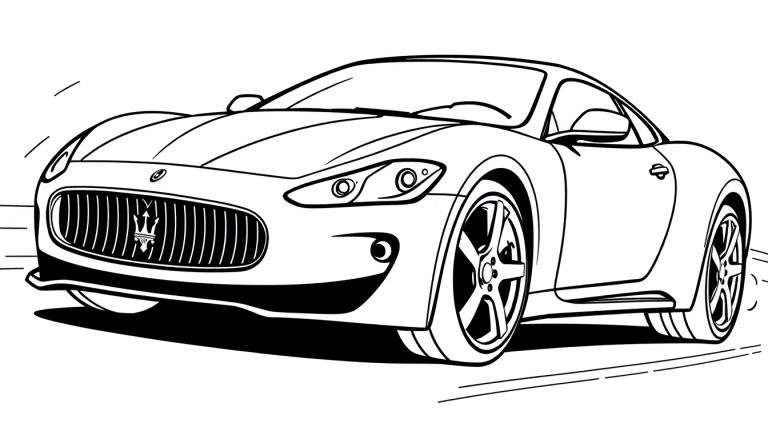 Un dibujo lineal de un coche deportivo Maserati listo para colorear, destacando su diseño elegante y la posibilidad de añadirle color.