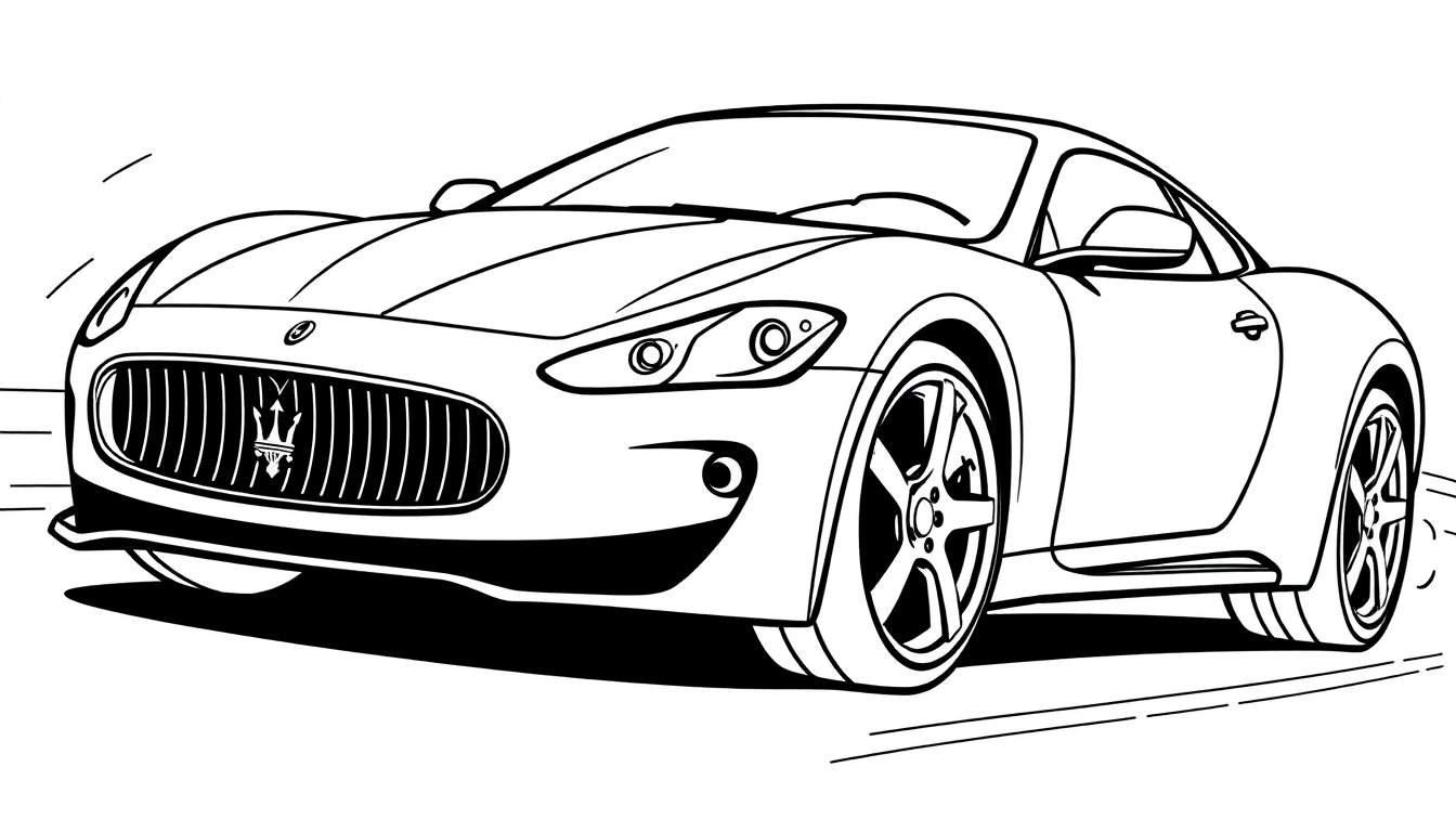 Un dibujo lineal de un coche deportivo Maserati listo para colorear, destacando su diseño elegante y la posibilidad de añadirle color.