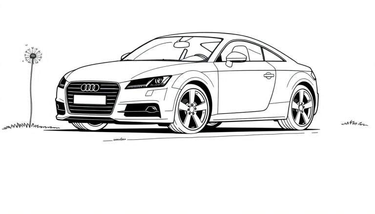 Página para colorear de un Audi TT con un diente de león, lista para añadir color.