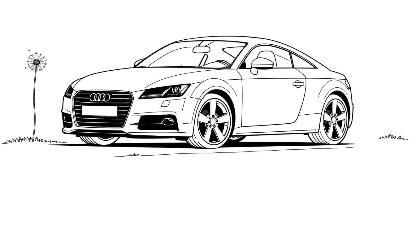 Página para colorear de un Audi TT con un diente de león, lista para añadir color.