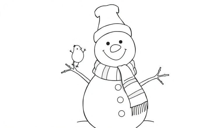 Muñeco de nieve para colorear con gorro, bufanda y pájaro, parte de una placa de color.