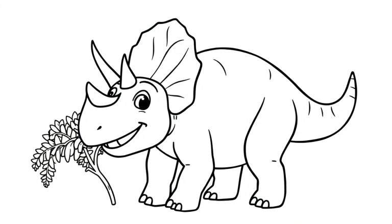 Un lindo Triceratops sonriendo y comiendo hojas, listo para ser coloreado con su placa de color.