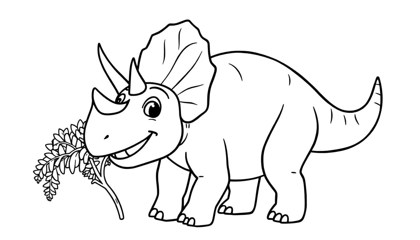Un lindo Triceratops sonriendo y comiendo hojas, listo para ser coloreado con su placa de color.