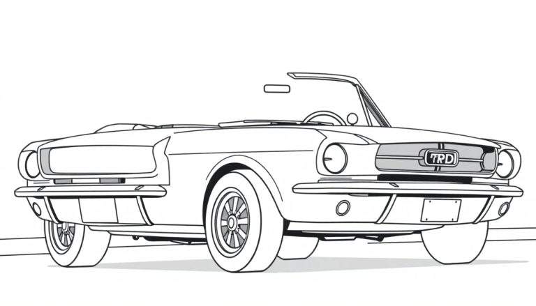 Dibujo lineal de un Ford Mustang clásico descapotable listo para colorear, destacando su placa de color.