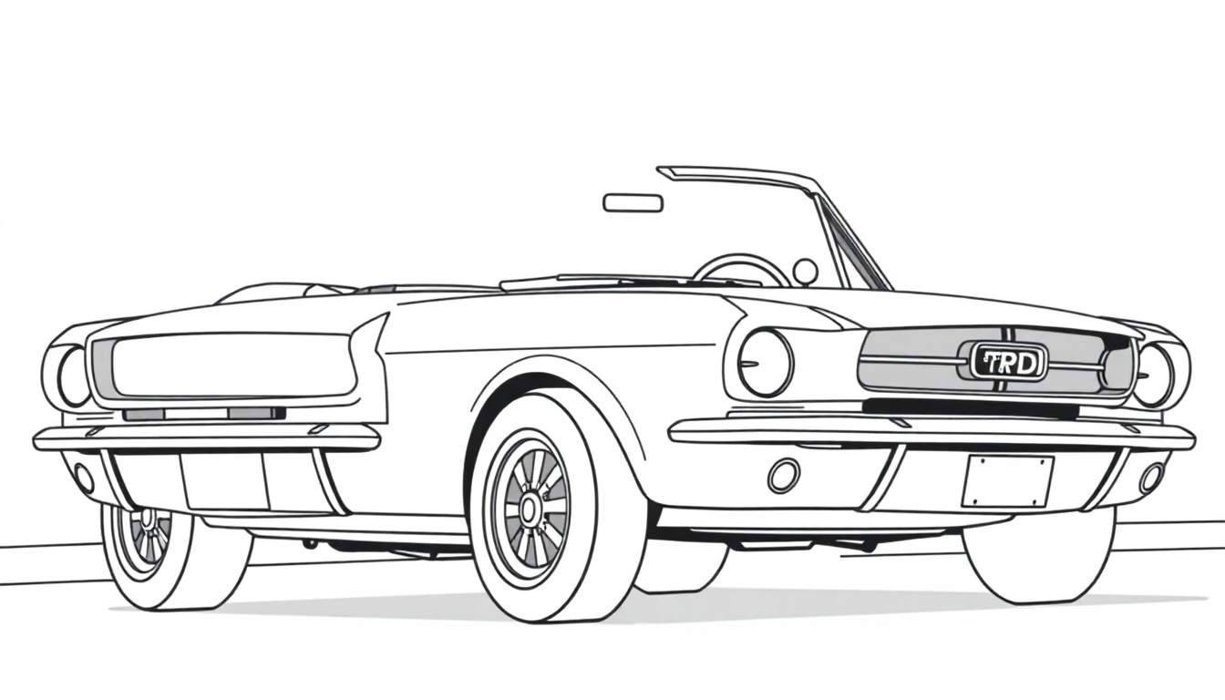 Dibujo lineal de un Ford Mustang clásico descapotable listo para colorear, destacando su placa de color.