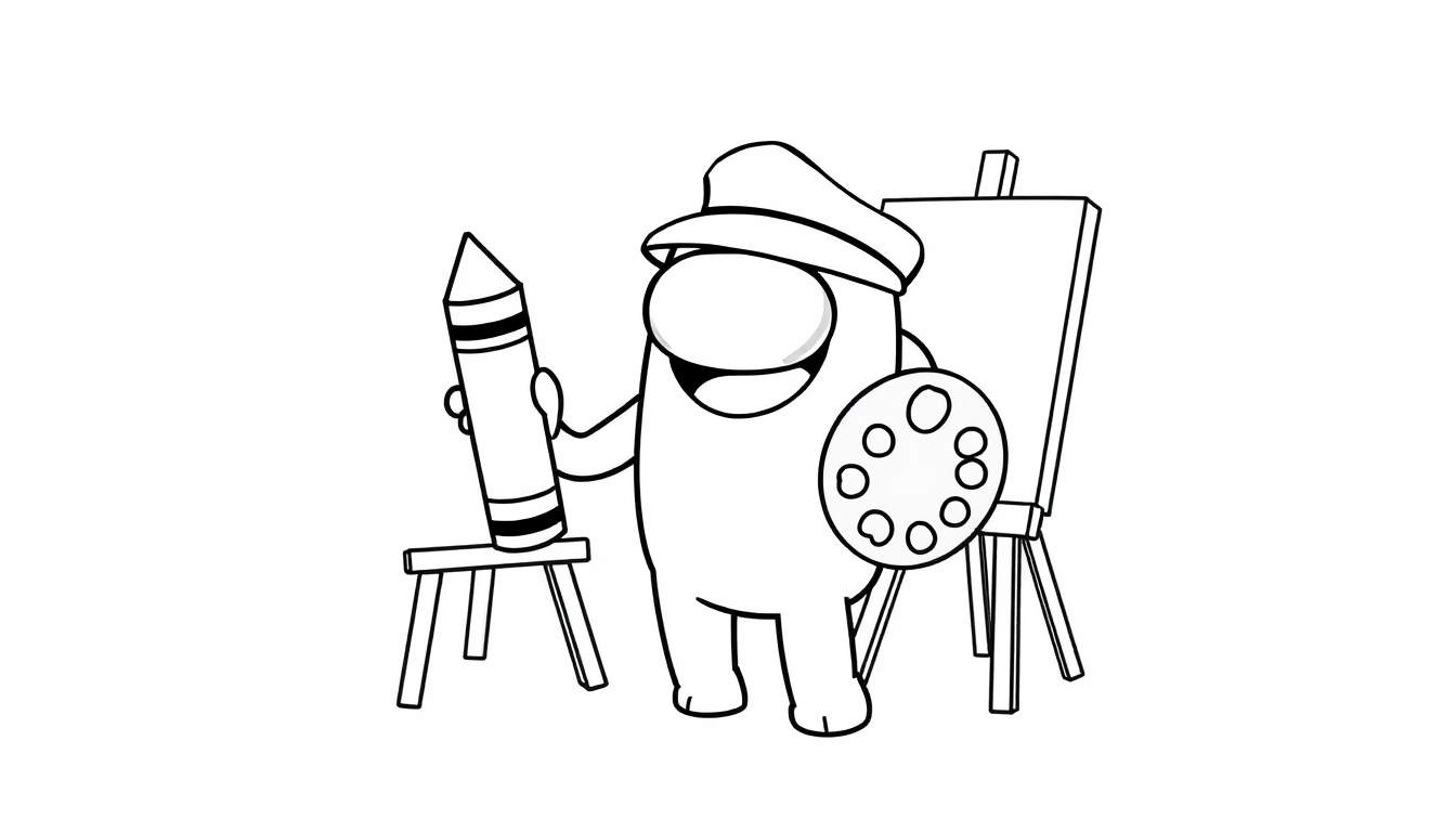 Tripulante de Among Us con gorro de pintor, sonriendo, con una paleta y un lápiz gigante, delante de un caballete con lienzo en blanco. Placa de color.