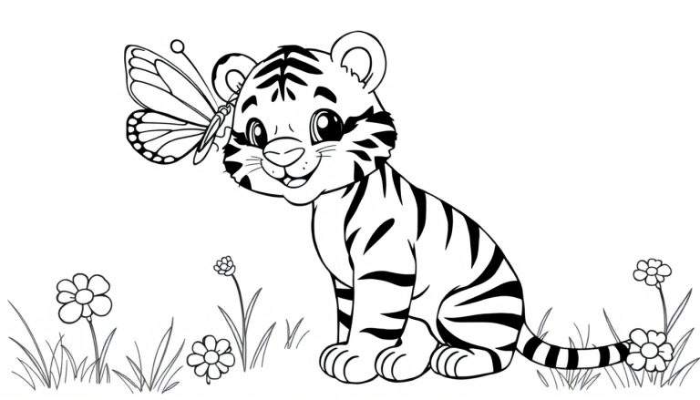 Un cachorro de tigre blanco y negro con líneas gruesas para colorear, sentado en un campo de flores de dibujos animados con una mariposa en su cara. Placa de color.