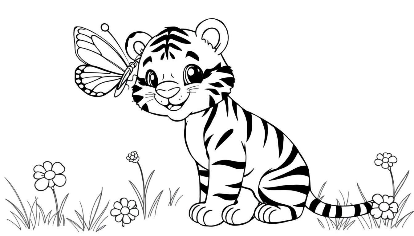 Un cachorro de tigre blanco y negro con líneas gruesas para colorear, sentado en un campo de flores de dibujos animados con una mariposa en su cara. Placa de color.