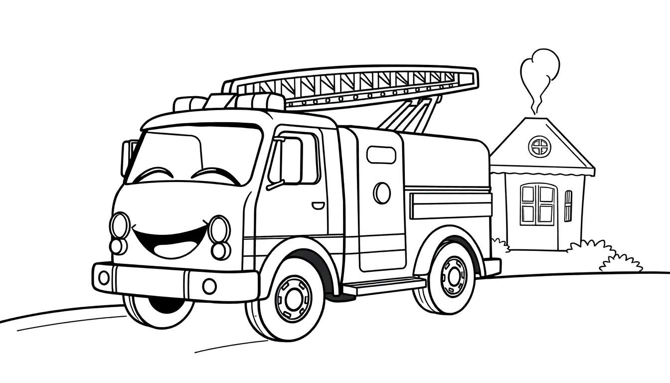 Página para colorear de un camión de bomberos sonriente con una placa de color.
