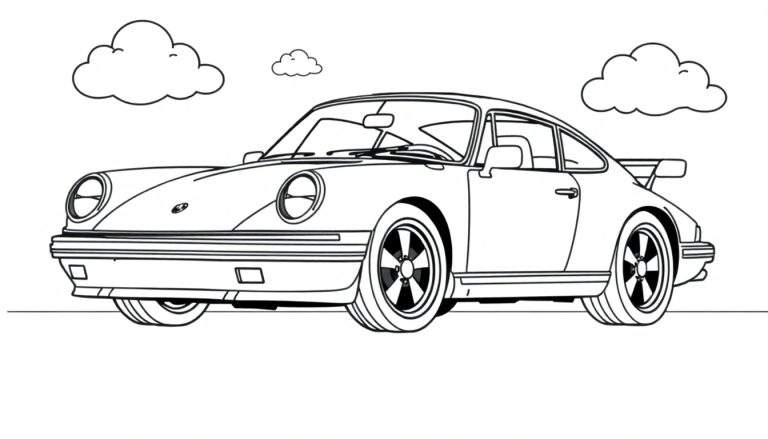 Un coche deportivo clásico estilo libro para colorear con detalles de placa de color.