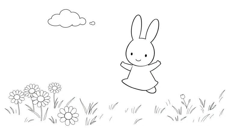 Miffy saltando feliz en un prado, página para colorear en blanco y negro, lista para ser coloreada.