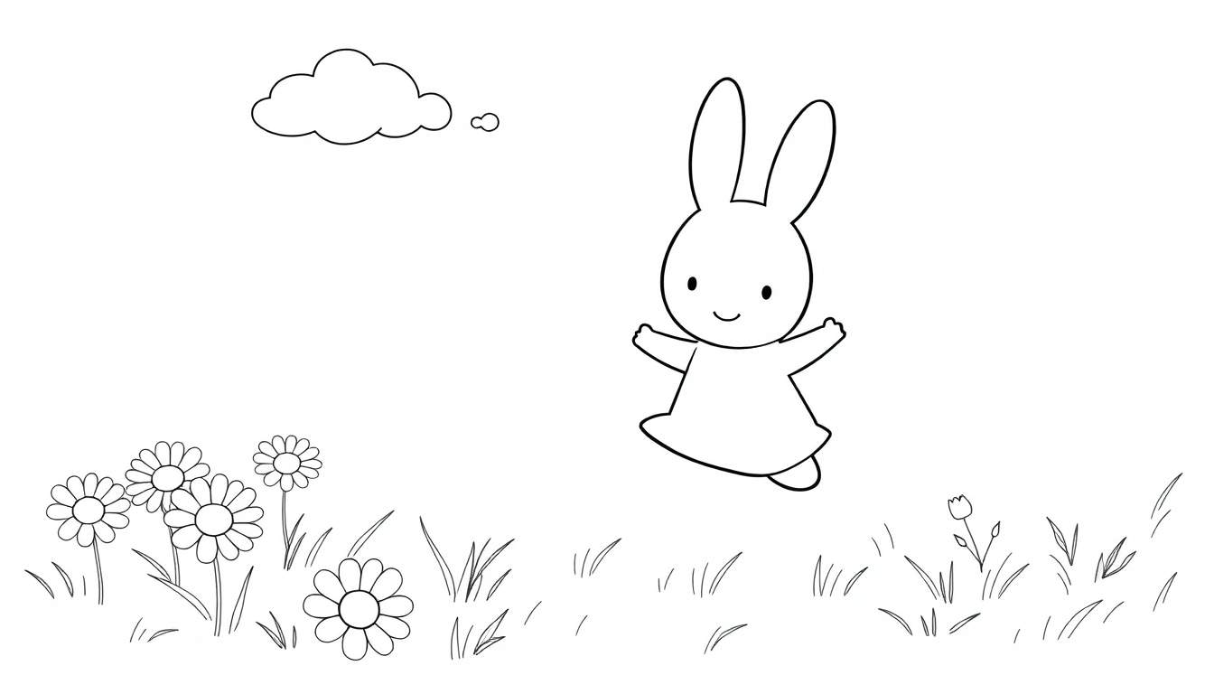 Miffy saltando feliz en un prado, página para colorear en blanco y negro, lista para ser coloreada.