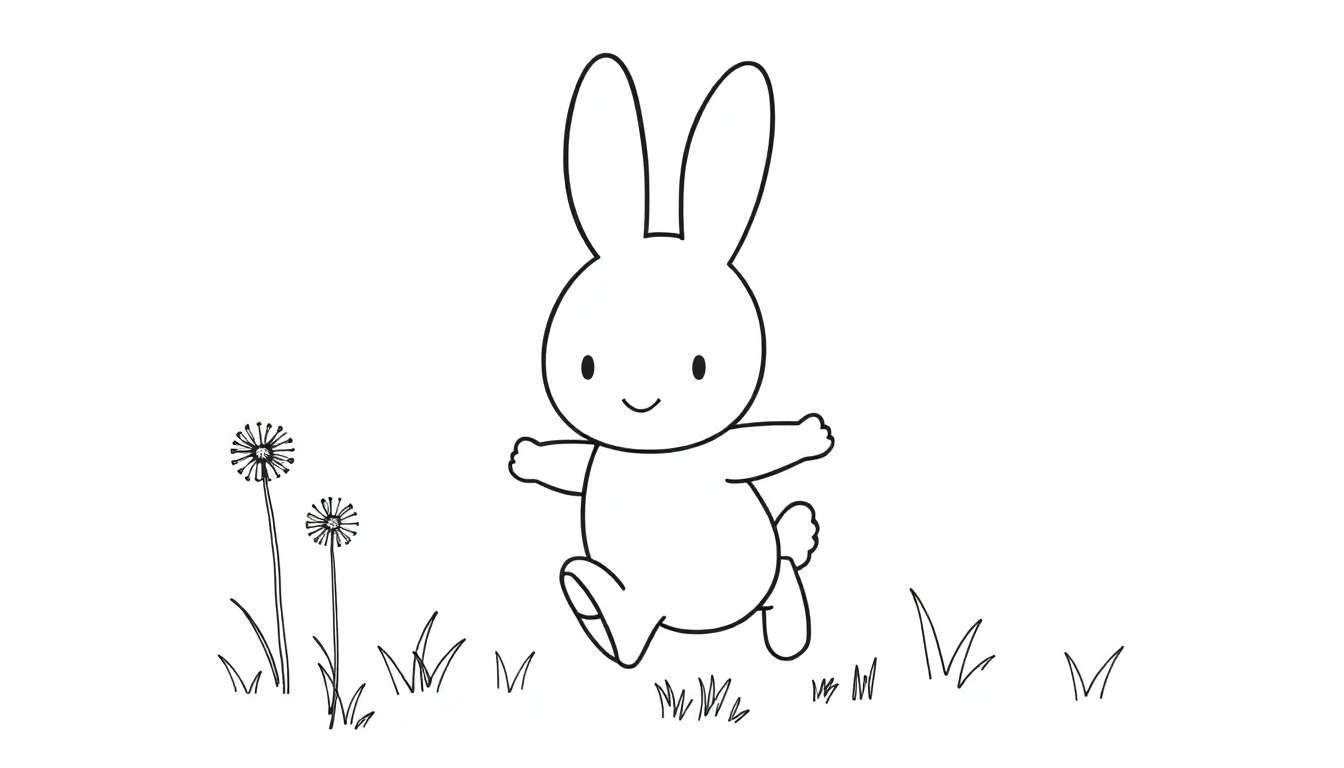 Un dibujo lineal de Miffy la conejita corriendo feliz en un prado, listo para colorear. Placa de color.