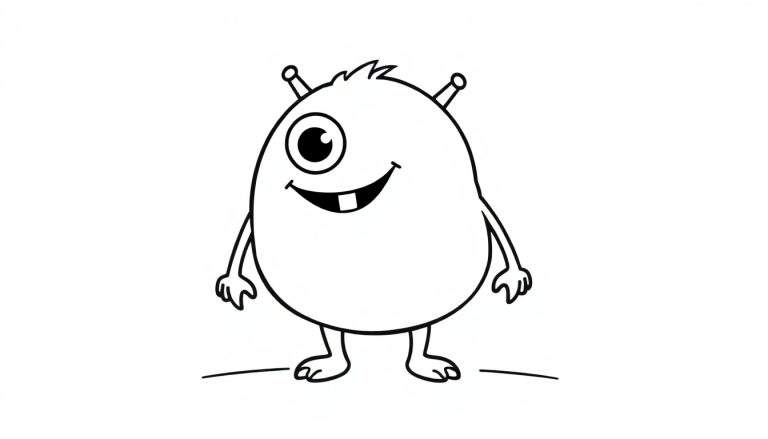 Un monstruo amigable de placa de color, listo para ser coloreado, con un ojo grande y una sonrisa.
