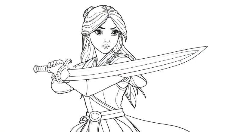 Dibujo de Mulan lista para la batalla, sosteniendo una espada, con armadura, para colorear en una placa de color.
