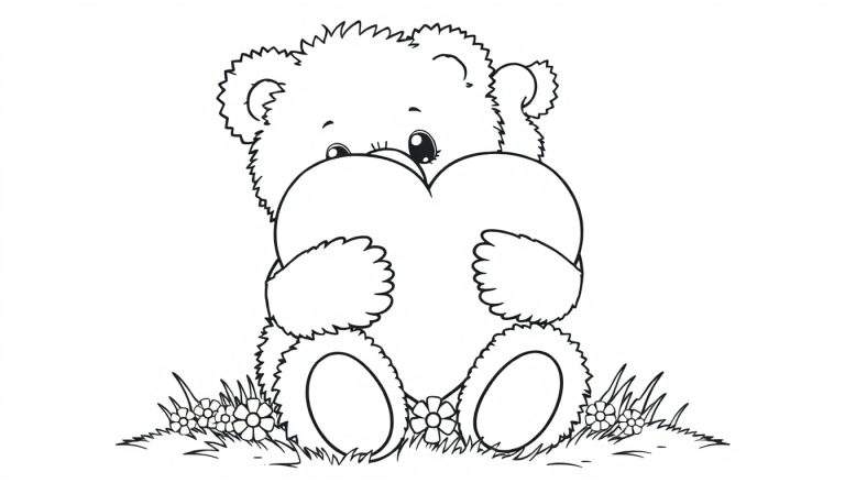Un osito de peluche tierno dibujado en blanco y negro, abrazando un gran corazón y sentado sobre hierba y flores. Un diseño listo para colorear en la placa de color de San Valentín.