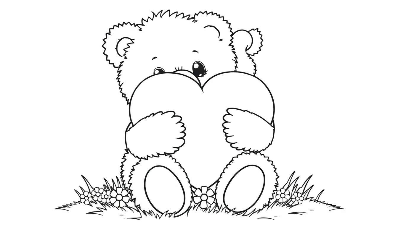 Un osito de peluche tierno dibujado en blanco y negro, abrazando un gran corazón y sentado sobre hierba y flores. Un diseño listo para colorear en la placa de color de San Valentín.