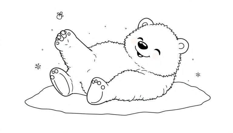 Un oso polar de dibujos animados tumbado en la nieve, listo para colorear en esta placa de color.