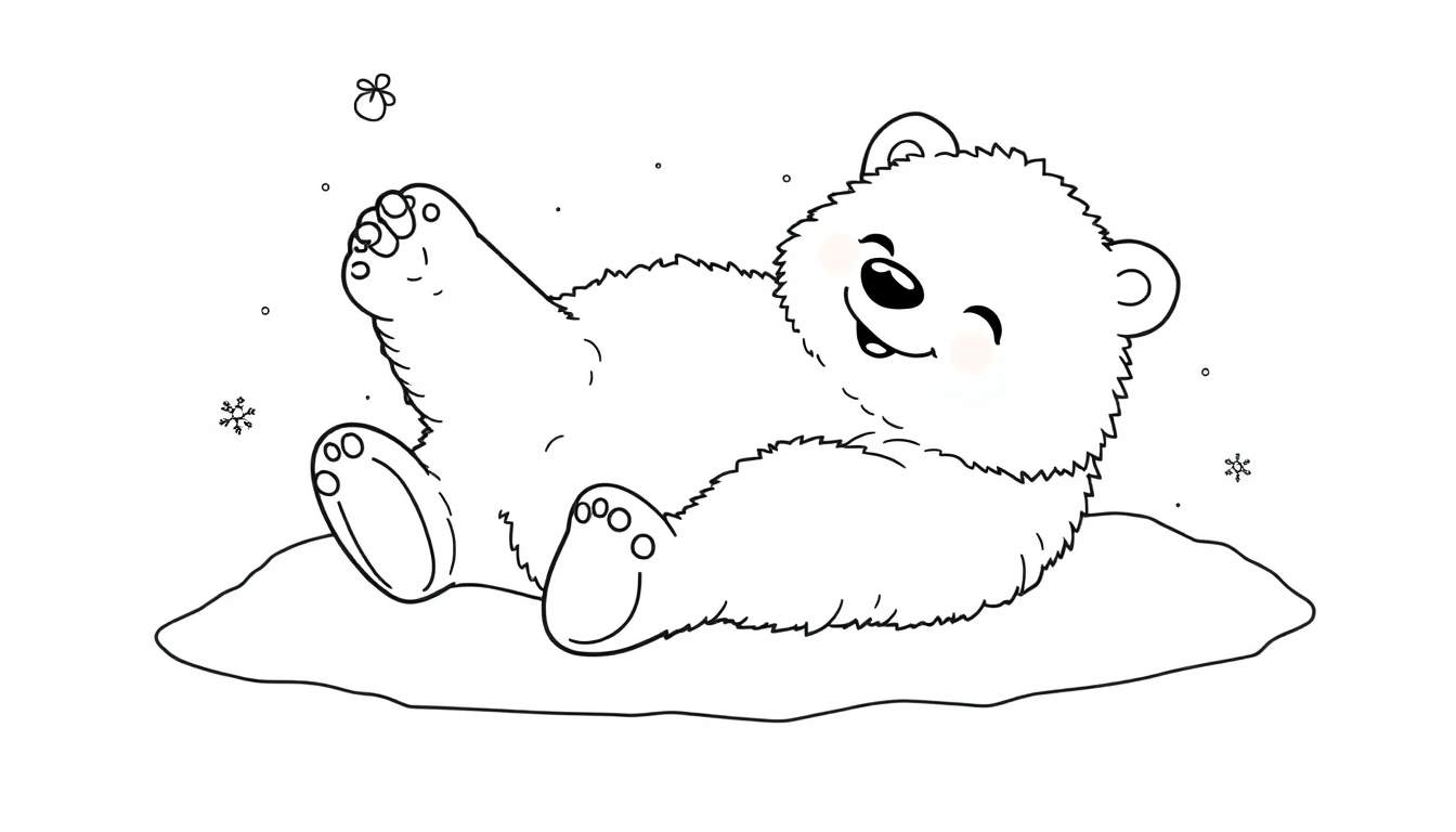 Un oso polar de dibujos animados tumbado en la nieve, listo para colorear en esta placa de color.