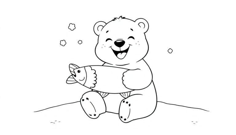 Oso polar de dibujos animados feliz sosteniendo un pez, con tres nubes/flores flotando encima. Diseño de placa de color.