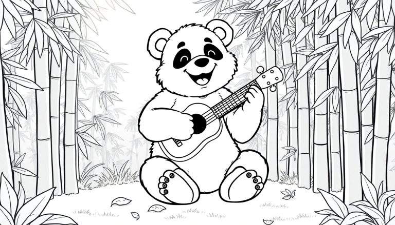 Un panda adorable tocando el ukelele en un bosque de bambú, página para colorear en placa de color.