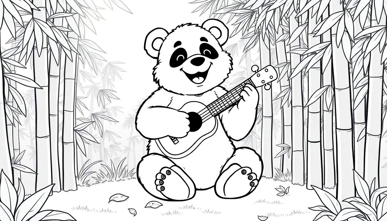Un panda adorable tocando el ukelele en un bosque de bambú, página para colorear en placa de color.