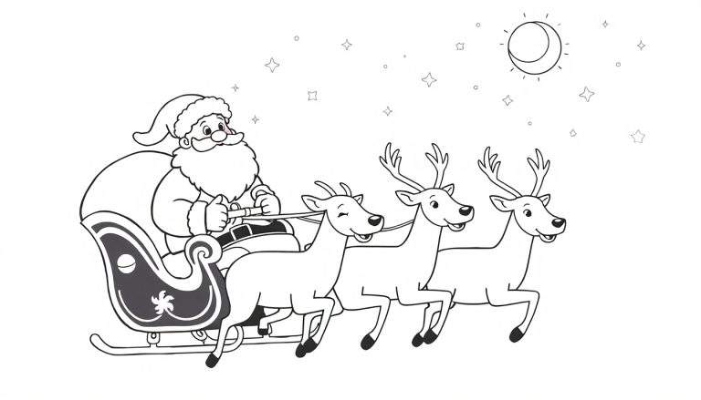 Papá Noel en trineo con renos, página para colorear con placa de color.