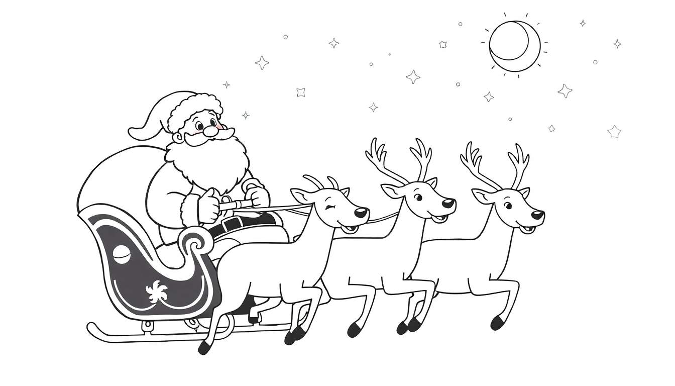 Papá Noel en trineo con renos, página para colorear con placa de color.