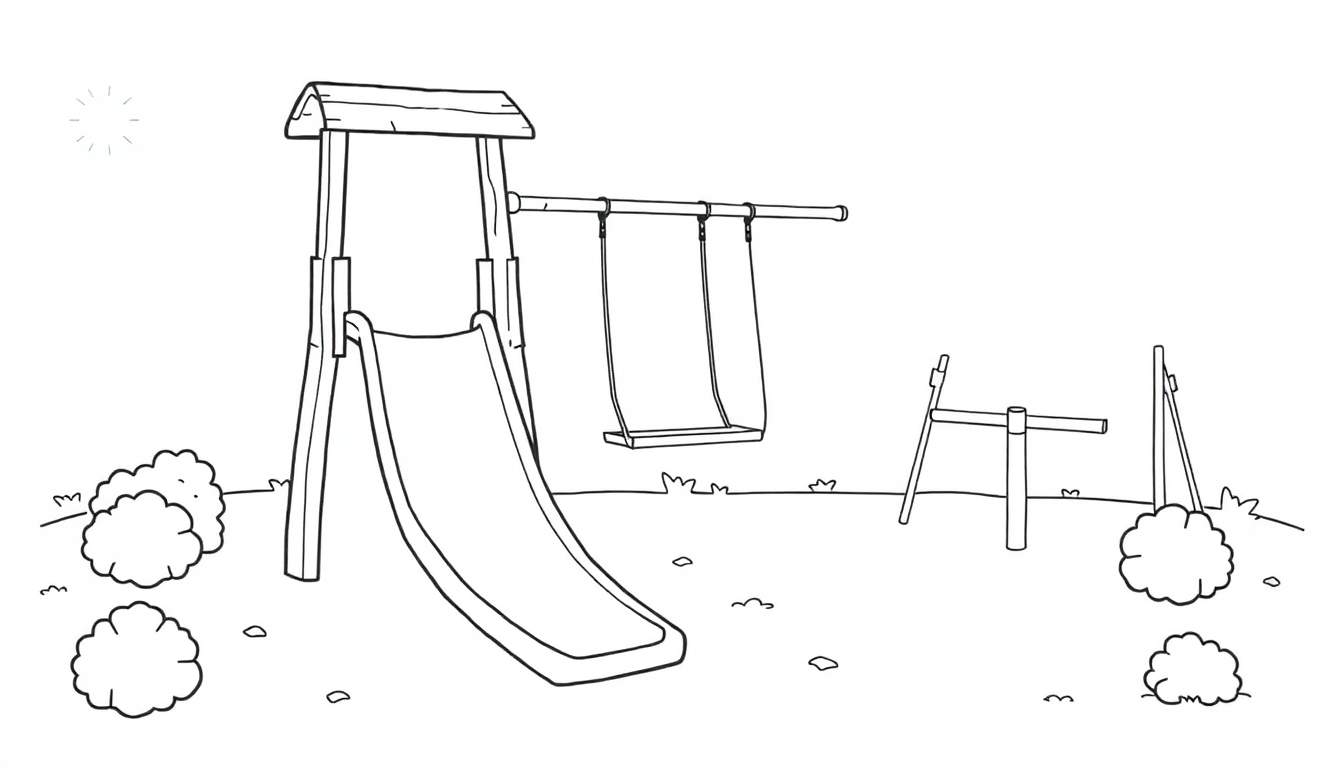 Un dibujo lineal en blanco y negro de un parque infantil con un tobogán y un columpio, con una placa de color esperándola. El sol brilla en la esquina superior izquierda.