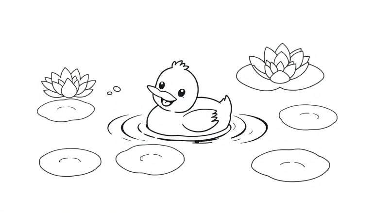 Un patito de dibujos animados feliz nadando en un estanque con nenúfares, diseño para colorear en blanco y negro, placa de color.