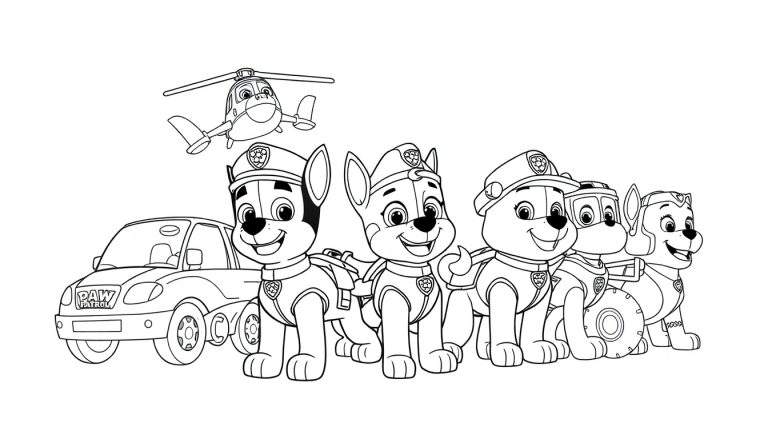 La Patrulla Canina lista para la acción, un dibujo para colorear con su placa de color.
