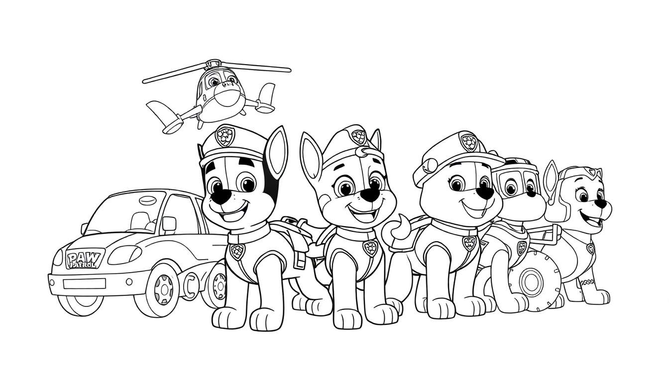 La Patrulla Canina lista para la acción, un dibujo para colorear con su placa de color.