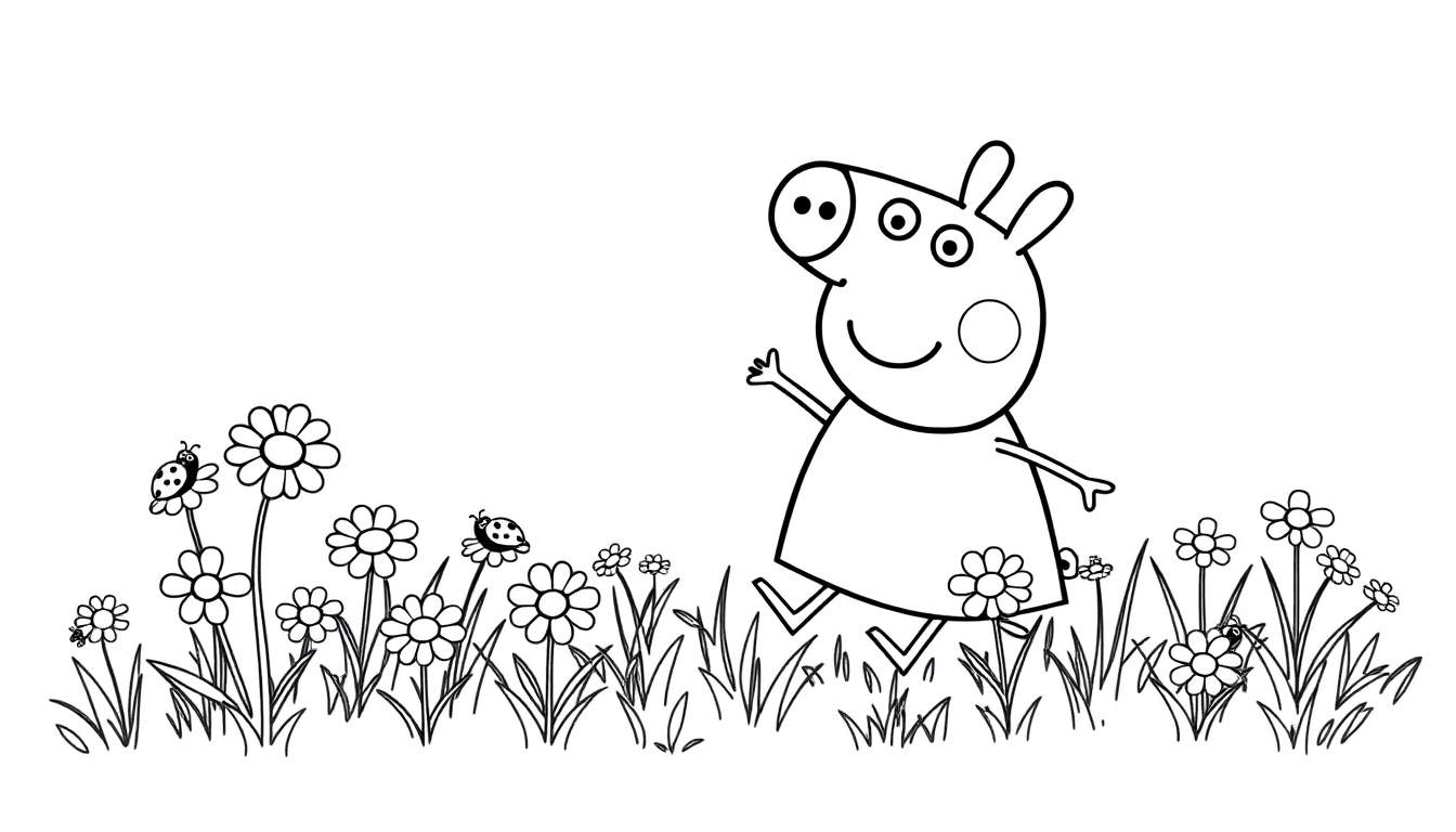 Placa de color con Peppa Pig en un campo de flores.